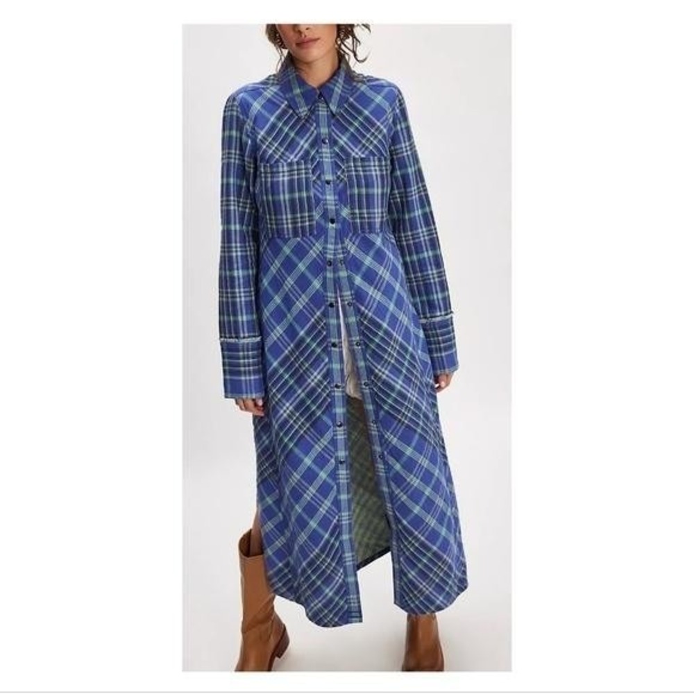 Free People Maxi Shirt Size 8 Blue Plaid Long Sleeve Snap Shirt 100% Cotton